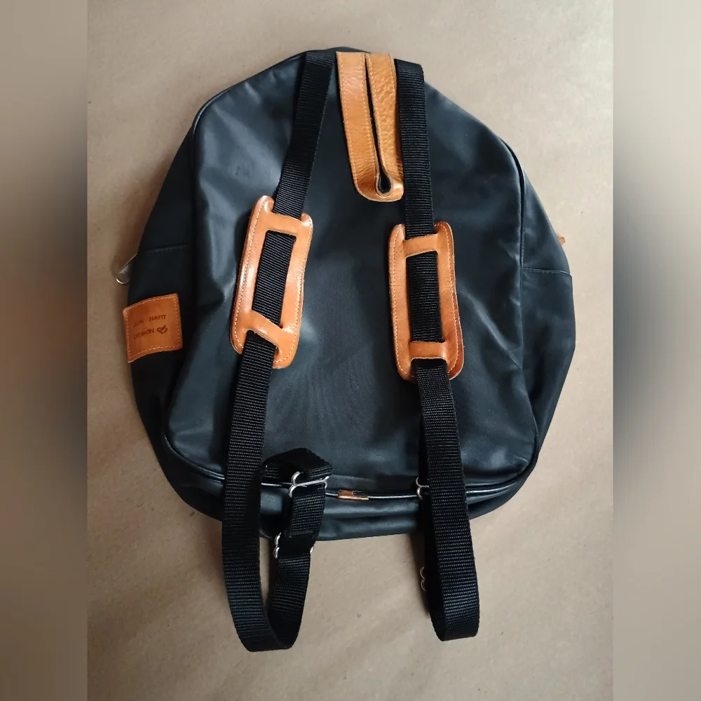 Jon Hart Design Black And Tan Coated Canvas Backpack With Monogram Travel Bag